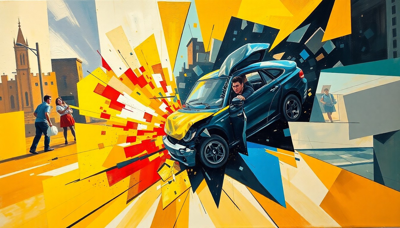 A fragmented, geometric painting depicting the chaotic aftermath of a car accident, with sharp, overlapping planes of color and form conveying the devastating impact of the crash.