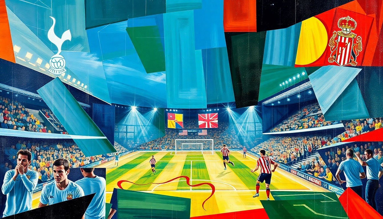 A fractured, multi-perspective painting depicting a Premier League soccer match, with sharp, overlapping geometric planes representing the action on the field.