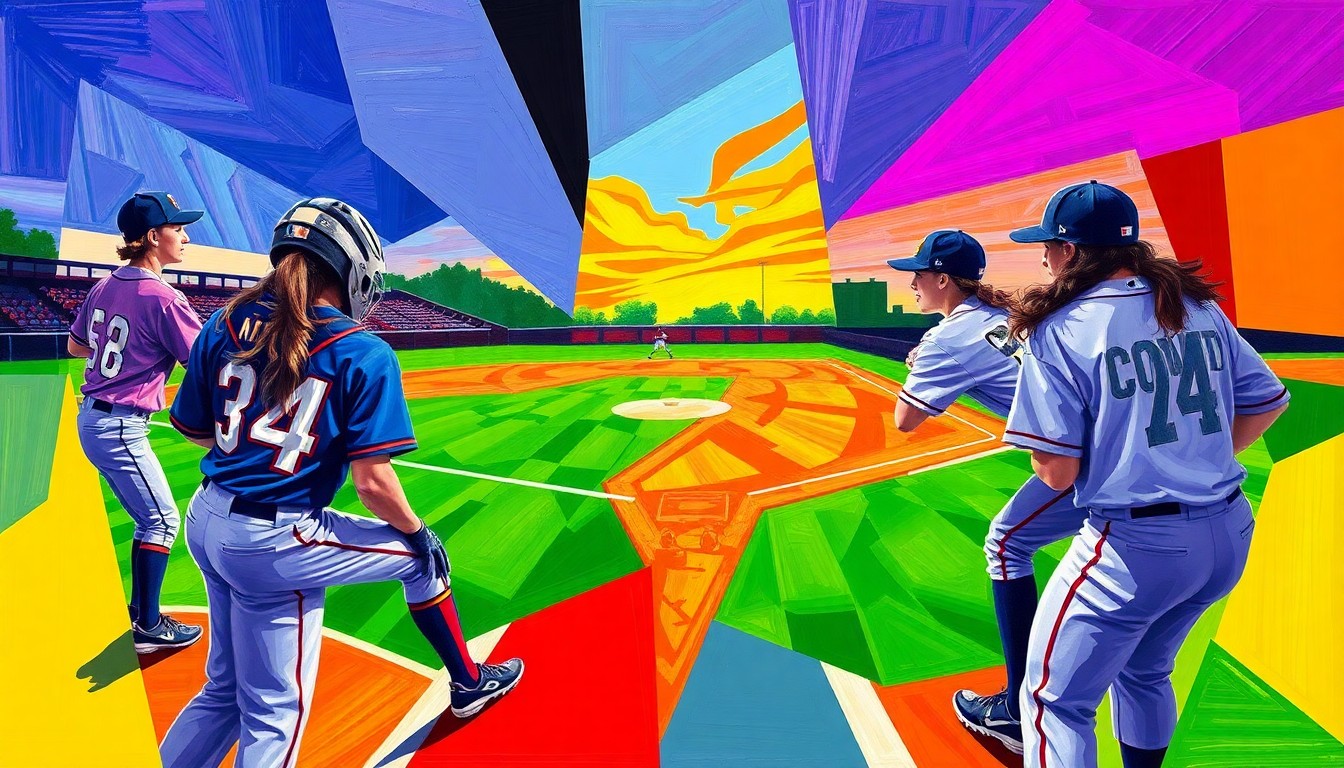 A fragmented, geometric painting in bold colors representing the action and movement of a softball game, with the players and field deconstructed into overlapping planes and shapes.