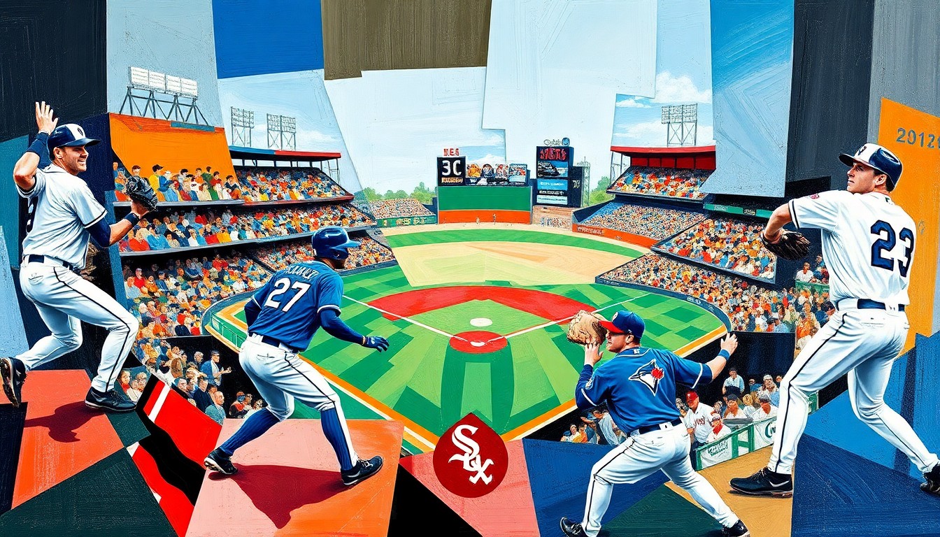 A fractured, multi-perspective painting depicting a baseball game, with players and the field broken down into sharp, overlapping geometric shapes and planes, conveying the dynamic movement and competitive spirit of the match.