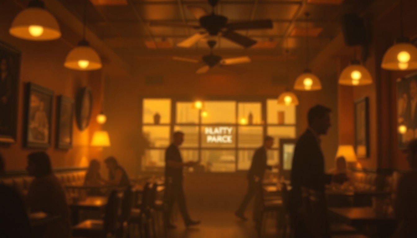 A soft, out-of-focus photograph in warm, muted tones depicting the interior of a classic neighborhood restaurant, with blurred silhouettes of diners and servers moving through the dimly lit space, conceptually representing the bittersweet end of an era for a beloved local institution.