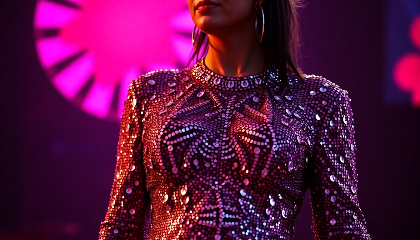 An extreme close-up photograph of a sequined, glittering fabric texture in high-contrast studio lighting, capturing the glamour and excitement of a major music performance.