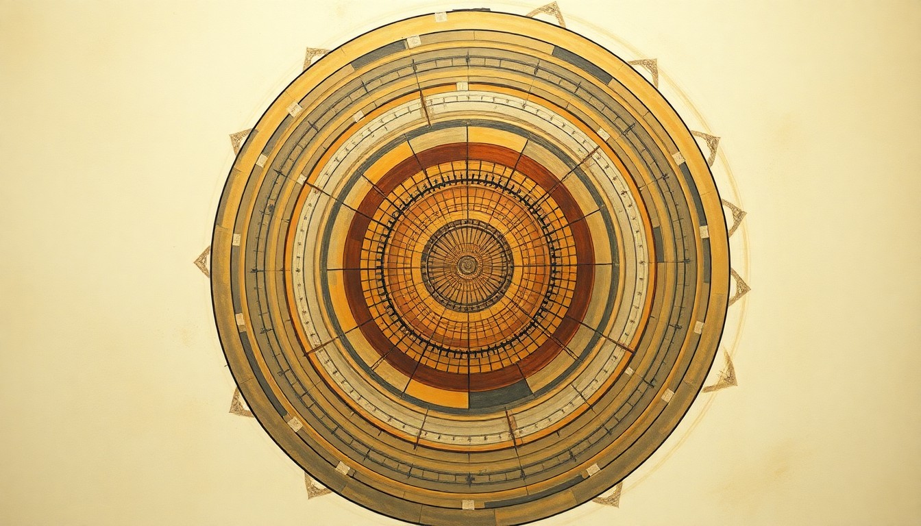 A highly structured abstract painting in muted earth tones, featuring sweeping geometric arcs, concentric circles, and precise botanical spirals, conceptually representing the complex interconnectedness of the medieval world revealed by this enigmatic coin pendant discovery.