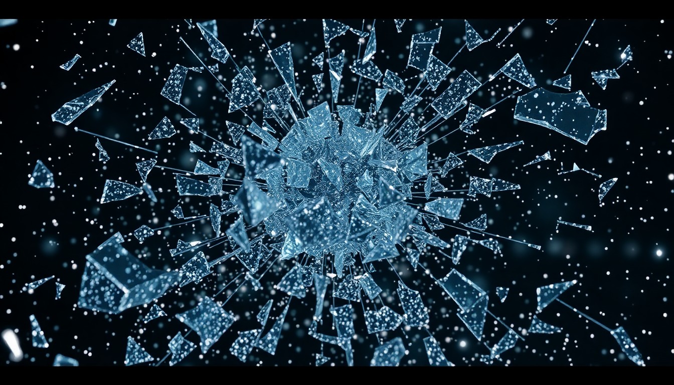 An extreme close-up photograph of shattered glass and glittering shards, capturing the dramatic and high-contrast visual style that is expected to define the cinematic experience of 'Avengers: Doomsday'.