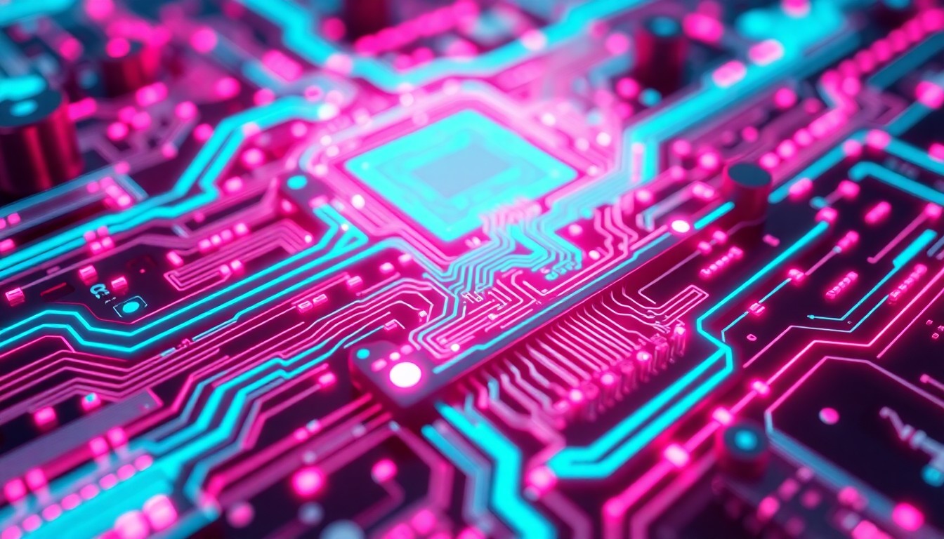 A highly detailed, glowing 3D illustration of a complex circuit board with intricate patterns of neon cyan and magenta lights, conceptually representing the physical infrastructure and cybernetic nature of AI-powered software engineering.