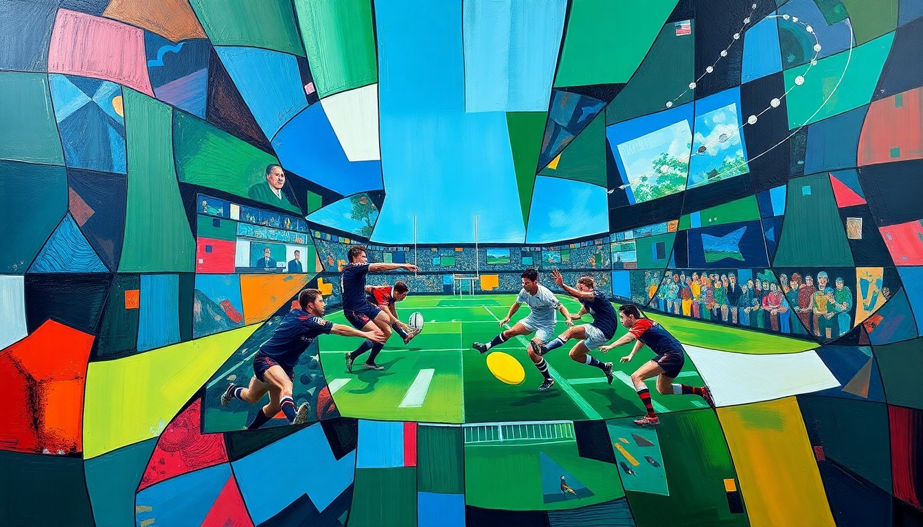 A cubist-style painting featuring overlapping geometric shapes and planes in shades of blue, green, and red, conceptually representing the chaos and intensity of the on-field incident between the Cornish Pirates and Worcester Warriors coaches and players.