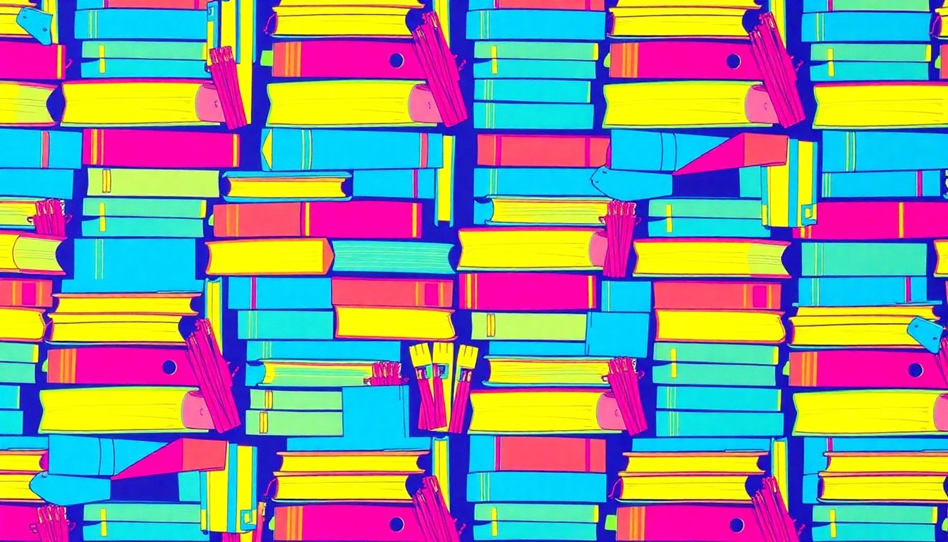 A repeating grid pattern of brightly colored, high-contrast silkscreen images depicting stacks of textbooks, pencils, and other school supplies in a vibrant neon color palette, conceptually representing the need for increased educational resources in Denver's public schools.