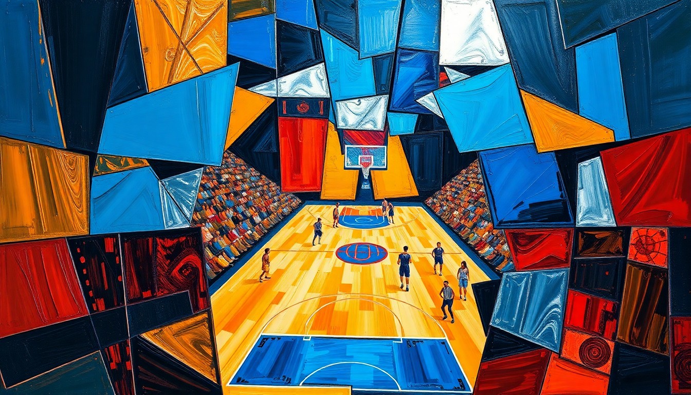 A cubist, geometric painting depicting a basketball game in motion, with overlapping planes of color and shape representing the dynamic energy and potential of the players on the court.