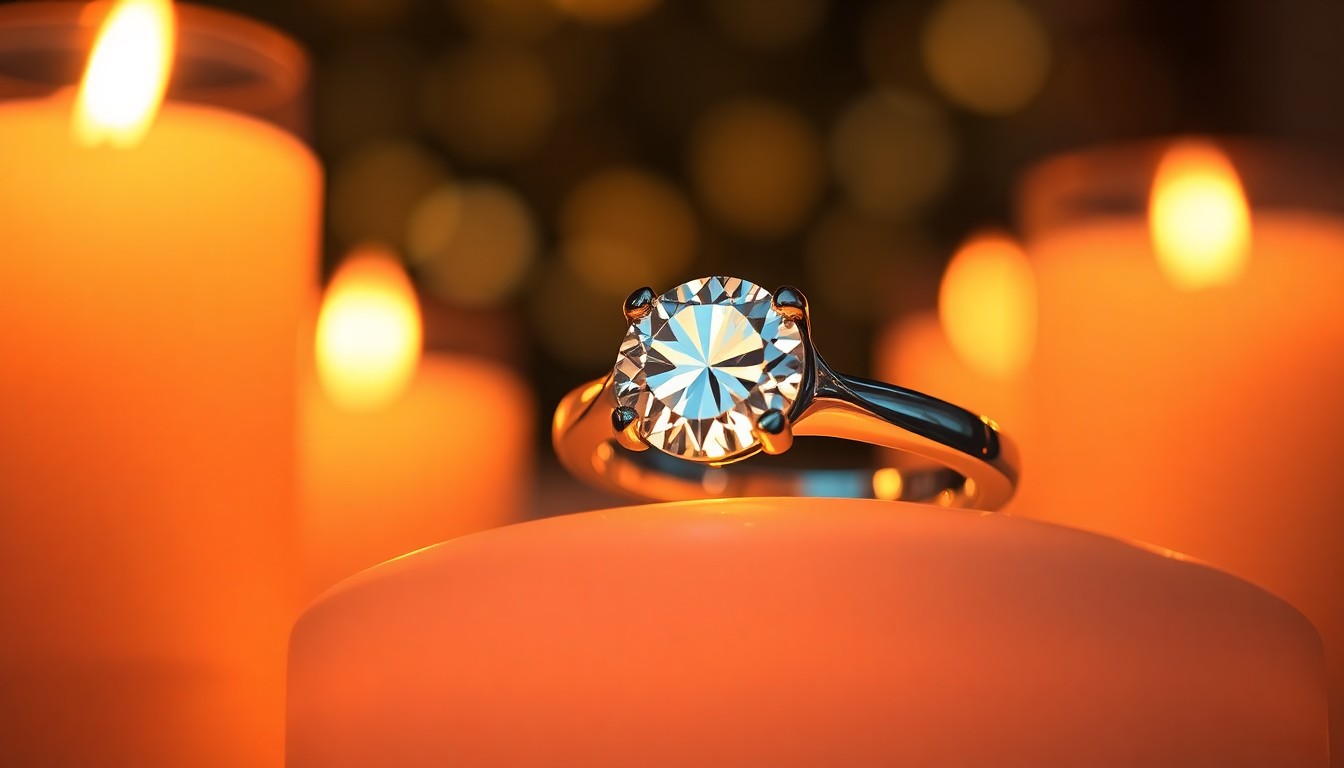 An extreme close-up photograph of a diamond engagement ring reflecting the warm, soft glow of candlelight, conveying the romantic, intimate mood of a couple's private engagement celebration.