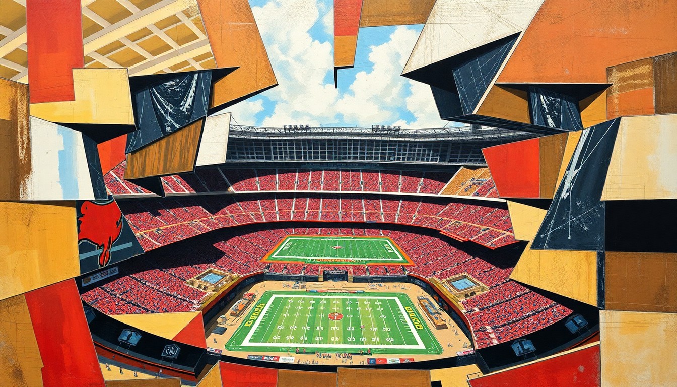 A fractured, cubist-style painting depicting the geometric planes and overlapping perspectives of Raymond James Stadium, the home of the Tampa Bay Buccaneers, conceptually representing the complexity and scale of the proposed $1 billion renovation project.
