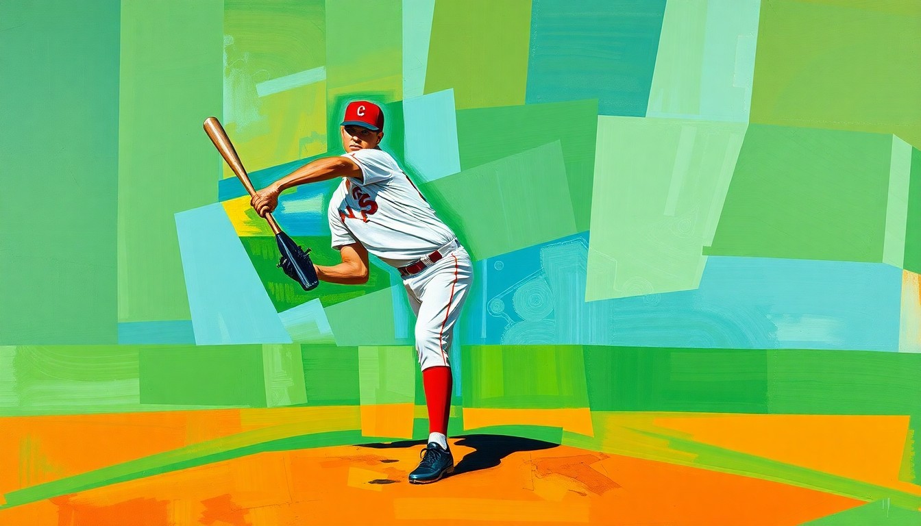 A cubist-style painting depicting a baseball pitcher's throwing motion broken down into fragmented geometric shapes and planes in shades of green, blue, and orange.