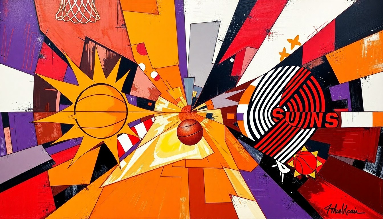 A fractured, cubist-style painting depicting the action of a basketball game between the Phoenix Suns and Portland Trail Blazers, with sharp geometric shapes and planes of vibrant colors representing the players, court, and energy of the matchup.
