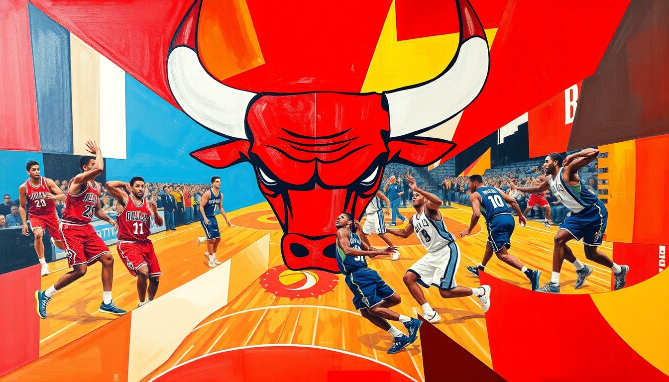 A fragmented, geometric painting depicting a basketball game in progress, with the players' forms broken down into overlapping planes of color and shape, conveying the intensity and unpredictability of the matchup.