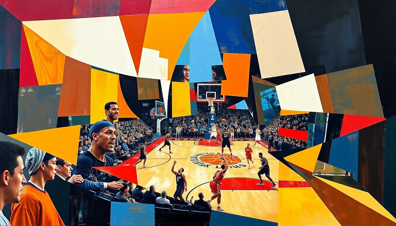 A cubist, geometric painting depicting a basketball game between the Knicks and Hawks, with the players and court broken down into overlapping angular shapes and planes in a vibrant color palette.