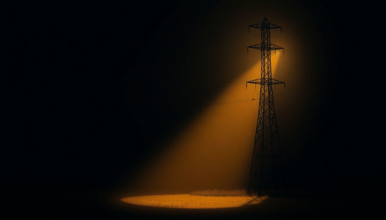 A serene, photorealistic painting of a lone power line tower or electrical substation standing in a desert landscape, with warm sunlight casting long shadows across the scene, conveying a sense of quiet contemplation about the role of public power in a community.