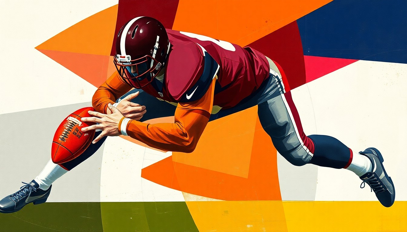 A cubist, geometric painting depicting the fractured movements of a defensive lineman making a tackle, with sharp planes of maroon, orange, and navy blue creating an abstract, dynamic composition.