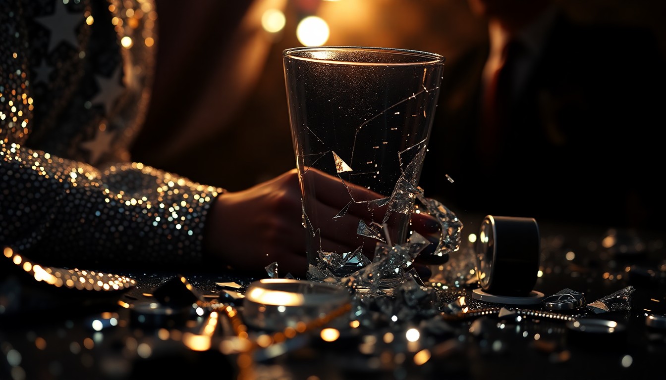 An extreme close-up photograph of shimmering sequins and shattered glass, capturing the glitz and intimacy of a celebrity date night.