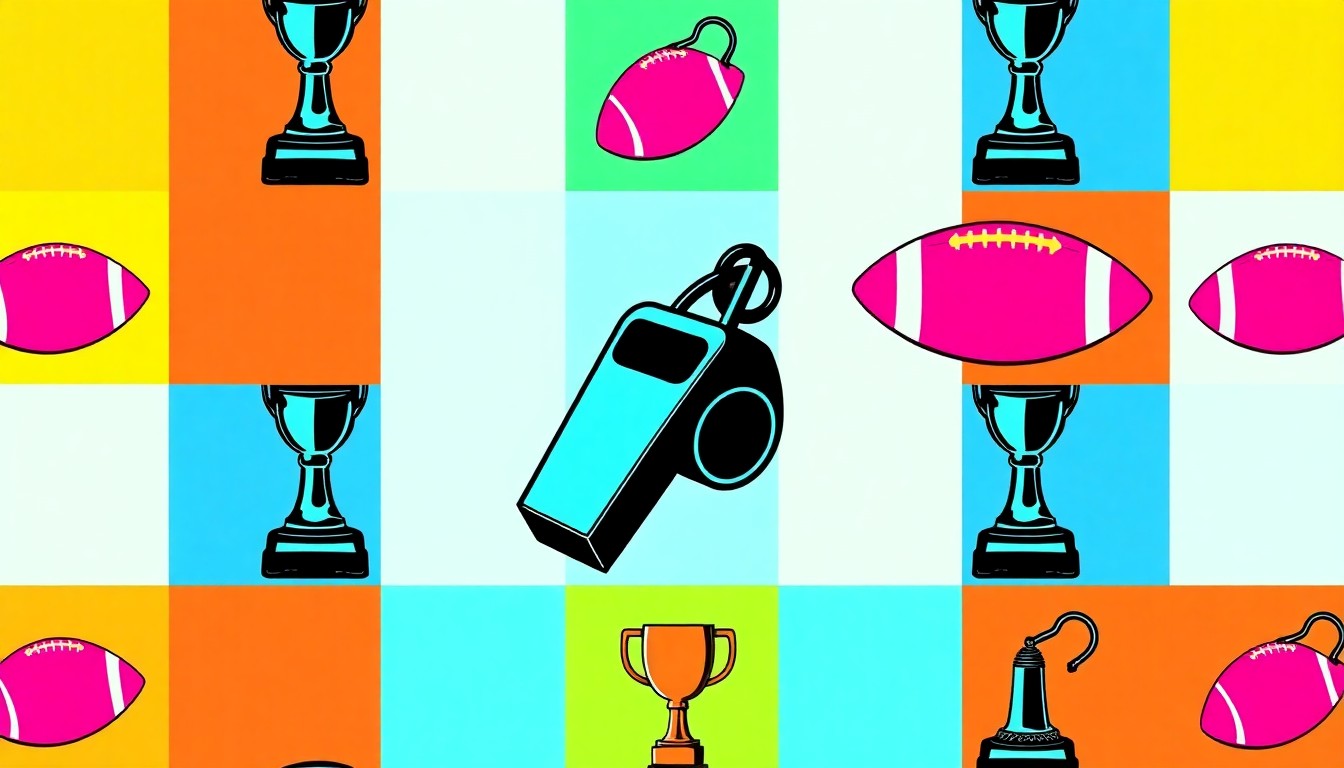 A high-contrast silkscreen print of a referee's whistle repeated in a grid pattern, rendered in vibrant neon colors and heavy black outlines, conceptually representing the complex issues of accountability and oversight in college sports.