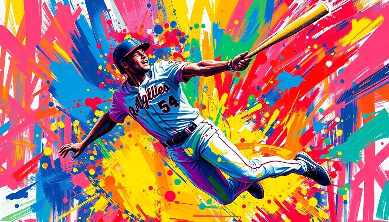 An extreme close-up of a baseball player's outstretched arm and glove, frozen in mid-air as they reach to catch a ball, with a vibrant, expressionist painting style using neon colors and rapid brushstrokes to capture the raw energy and athleticism of the defensive play.
