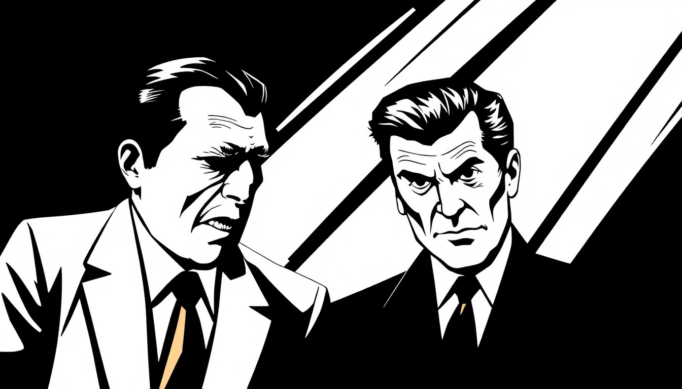 A minimalist, abstract composition of sharp, angular black shapes against a stark white background, conveying a sense of political tension and conflict without depicting any specific people or objects.