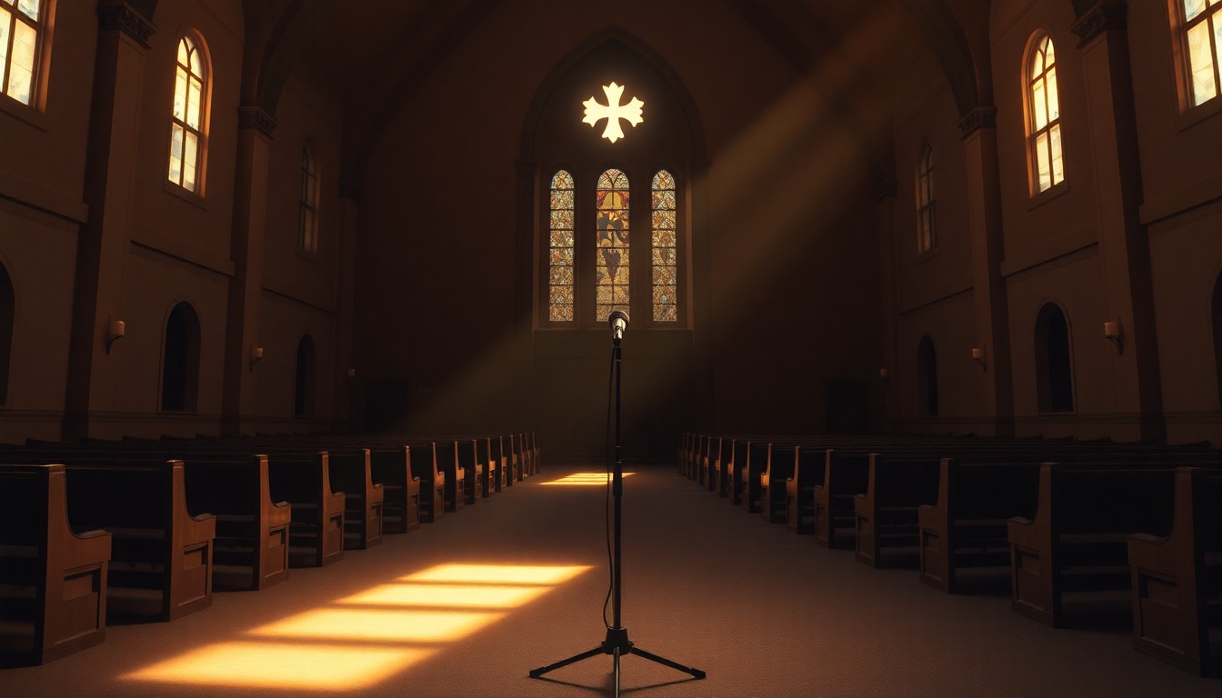 A quiet, cinematic painting of a solitary microphone stand in a dimly lit church sanctuary, bathed in warm, diagonal sunlight and deep shadows, conceptually representing the somber mood of a press freedom battle.