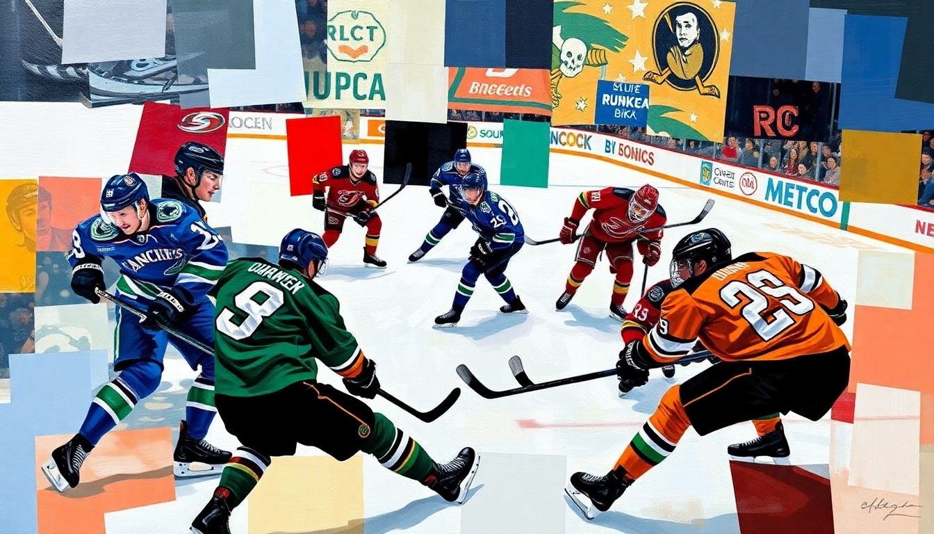 A cubist, geometric painting depicting the chaotic overtime action of a hockey game, with fragmented and overlapping shapes in the team colors representing the players, puck, and ice surface.