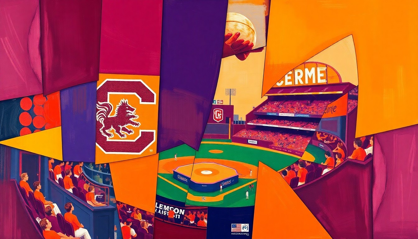 A cubist-style painting featuring overlapping geometric shapes and planes in shades of orange, garnet, and navy blue, conceptually representing the dynamic energy and competitive spirit of a baseball game between South Carolina and Clemson.