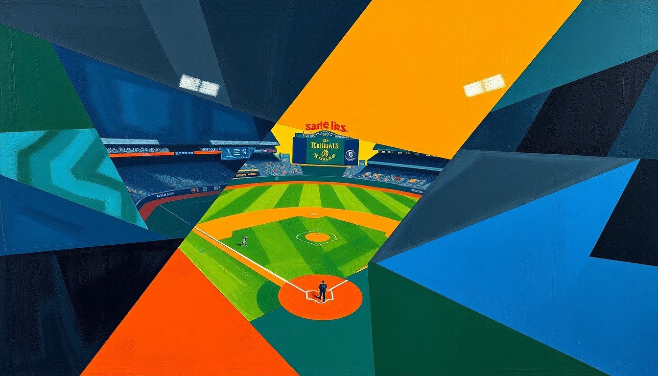 A cubist, geometric painting depicting a baseball game, with overlapping planes of navy, green, and orange representing the dynamic action on the field.
