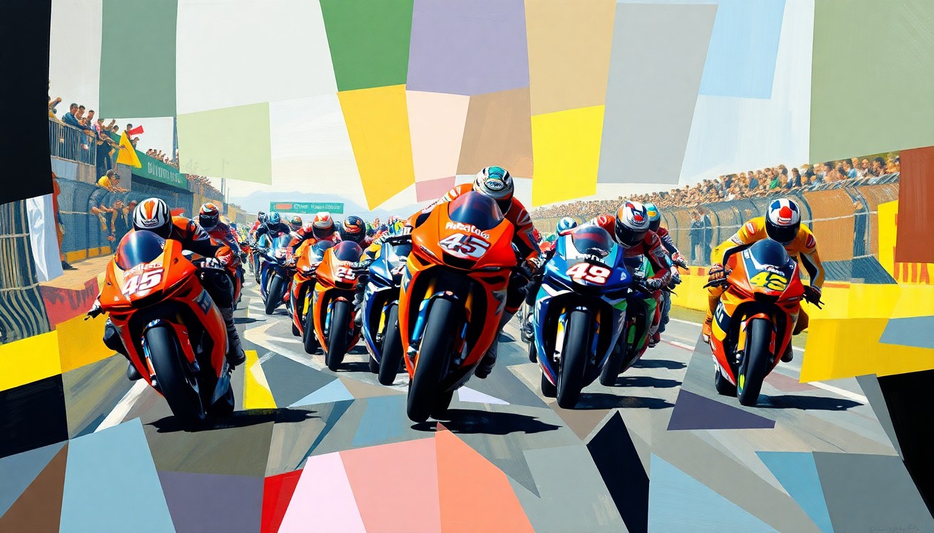 A cubist, geometric painting depicting the chaotic energy and high-stakes decision-making of a MotoGP sprint race, with overlapping planes of color and abstract shapes representing the dynamic interplay of speed, strategy, and human judgment.