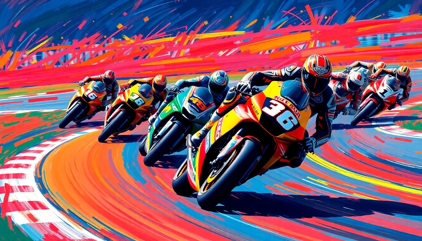 A vibrant, expressionist painting in neon colors depicting the high-speed motion and energy of MotoGP riders competing on a winding racetrack, capturing the sport's shifting power dynamics and competitive spirit.