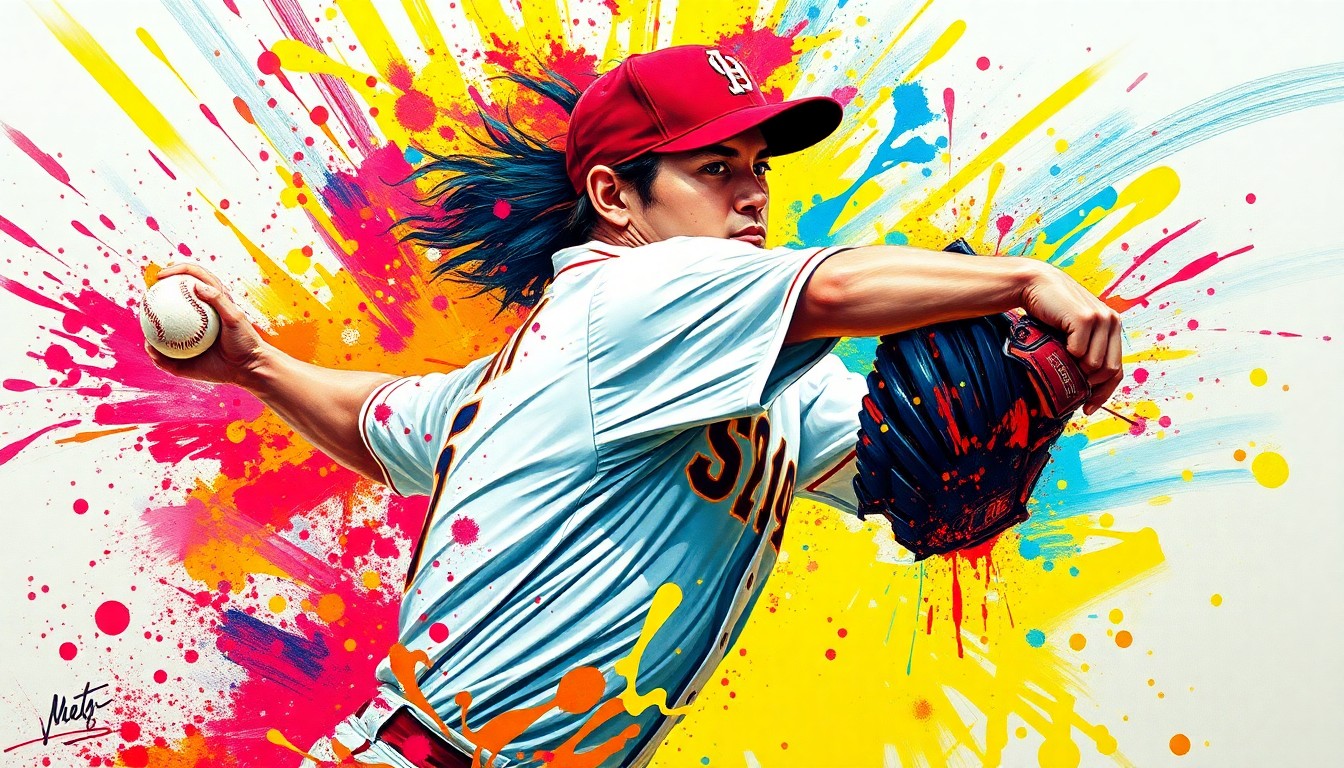 An abstract, expressionist painting in vibrant neon colors, capturing the dynamic motion and energy of a baseball pitcher in action, with the player's features and uniform blending into the energetic brushstrokes.