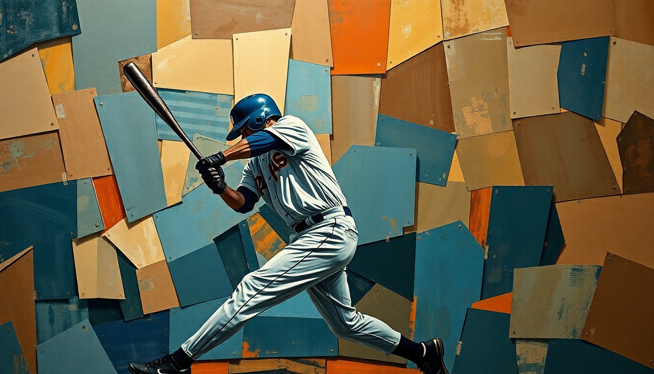 A fractured, multi-perspective painting depicting the geometric planes and shapes of a baseball player's motion, rendered in a muted color palette of blues, browns, and reds to convey the gritty, hardworking nature of the sport.