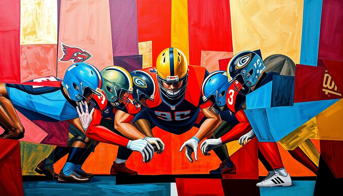A fragmented, geometric painting depicting an offensive line formation, with sharp planes of red, blue, and gold hues conveying the technical precision and energy of Ohio State's football program.