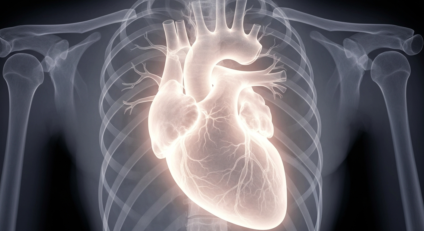 A translucent X-ray photograph showing the intricate structure of a human heart, surrounded by the faint outline of the ribcage, conveying a sense of clinical precision and the fragility of the human body.