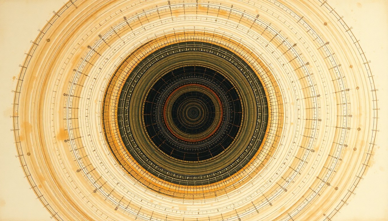 An abstract, highly structured painting in soft, earthy tones featuring sweeping geometric arcs, concentric circular forms, and precise botanical or physical spirals, conceptually representing the overlapping neural patterns involved in visual perception and mental imagery.