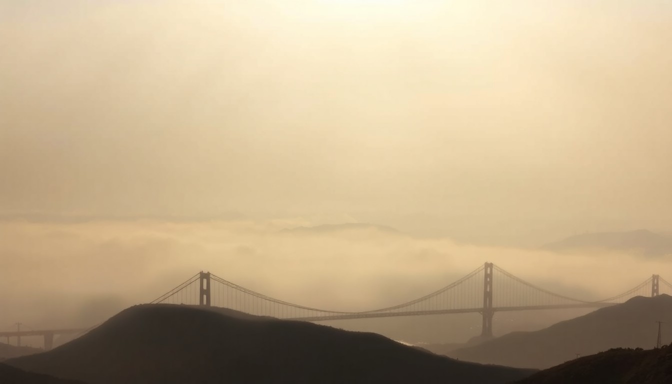 A vast, atmospheric landscape painting depicting the San Francisco Bay Area shrouded in fog and mist, with the Golden Gate Bridge and other landmarks barely visible, conveying the overwhelming scale and power of the recent earthquakes.