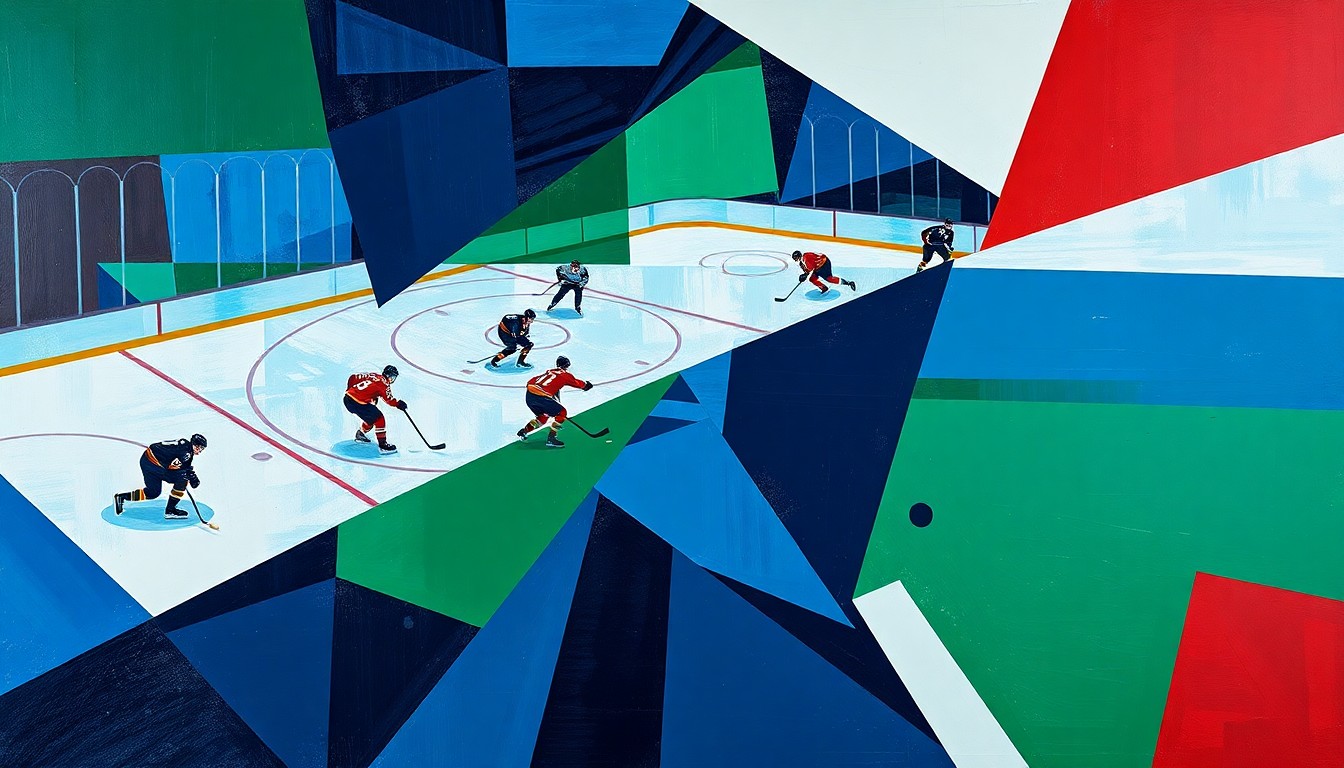 A fractured, geometric painting depicting the hockey game between the Canucks and Ducks, with angular shapes and planes representing the players' movements and the puck's trajectory in a vibrant color palette.
