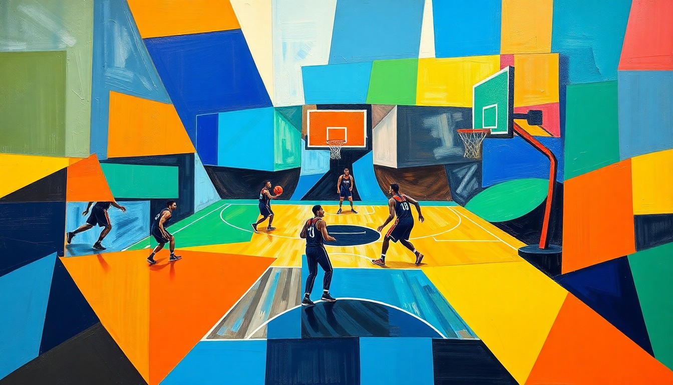 A cubist, geometric painting depicting a basketball game in progress, with the players and court broken down into sharp, overlapping planes of bright, contrasting colors.