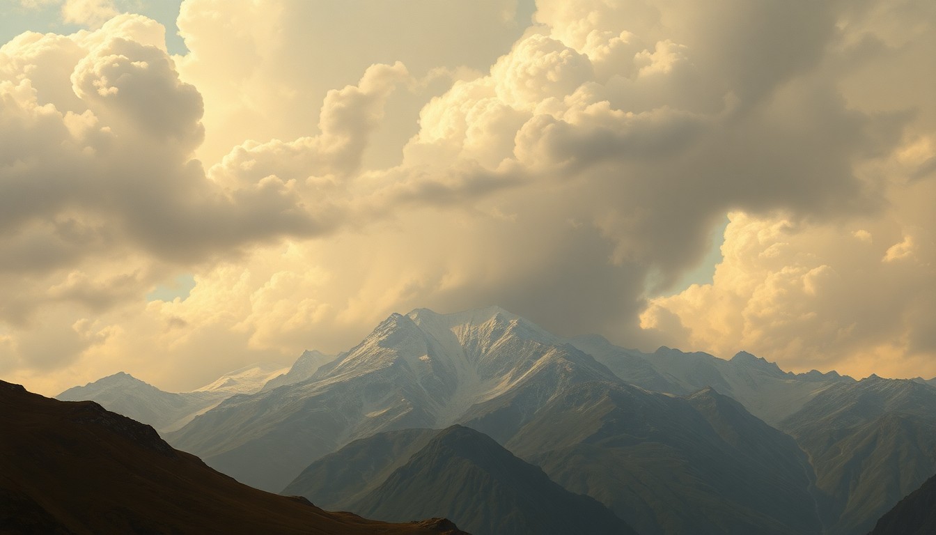 A dramatic, atmospheric landscape painting in muted tones of gray, blue, and white, depicting a vast, mountainous scene with billowing storm clouds overhead, conveying the overwhelming power and sublime beauty of nature.
