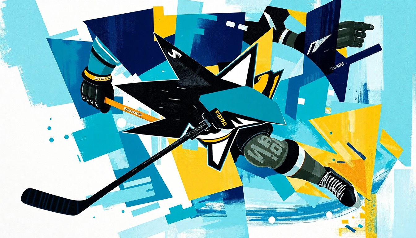 A cubist, geometric painting depicting a hockey player in motion, with sharp, overlapping planes of teal, navy, and gold colors representing the San Jose Sharks.