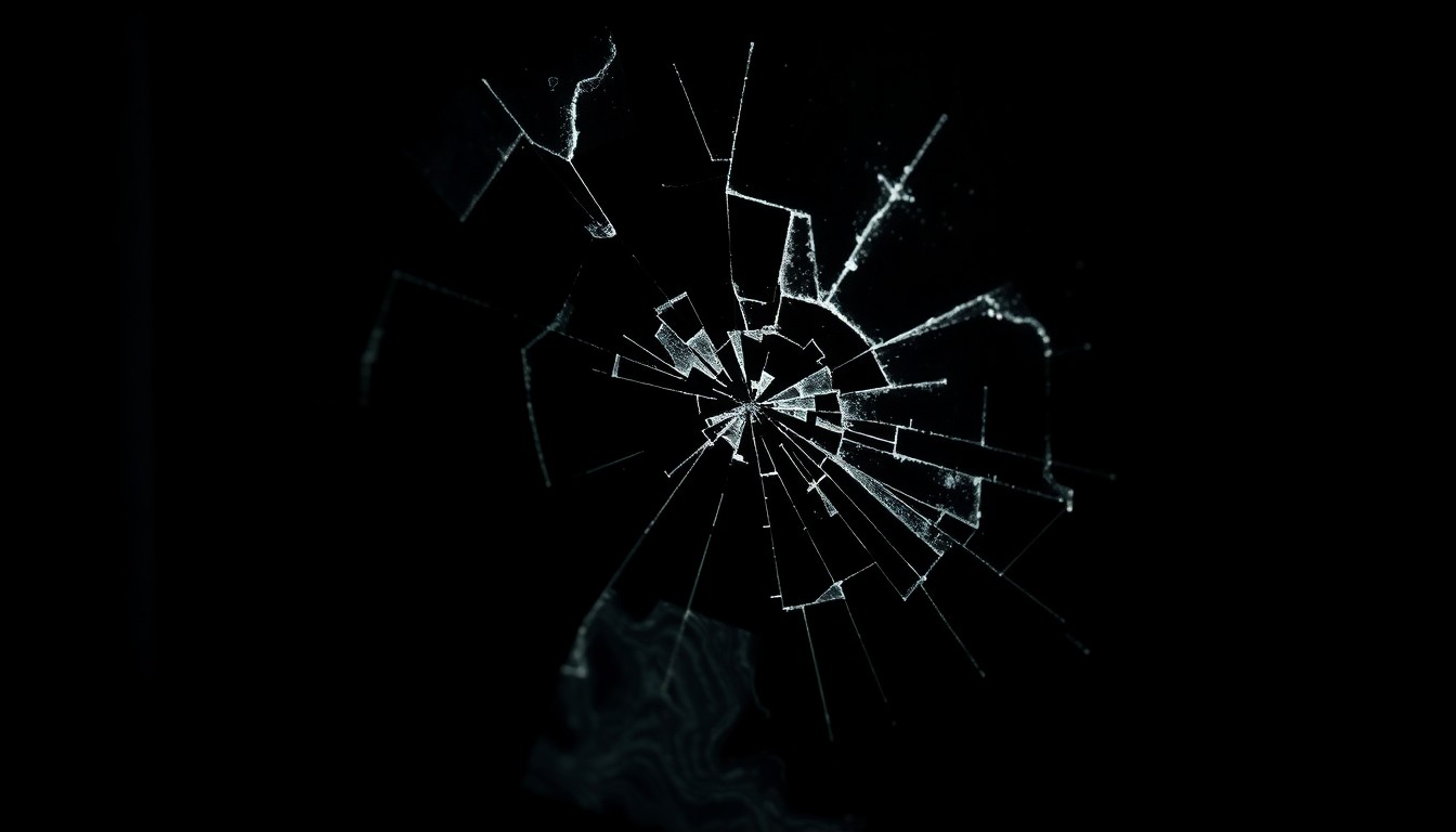 An extreme close-up photograph of a cracked and shattered car window, the harsh lighting and stark black background creating a gritty, investigative aesthetic that conceptually represents the tension and distractions of the standoff.