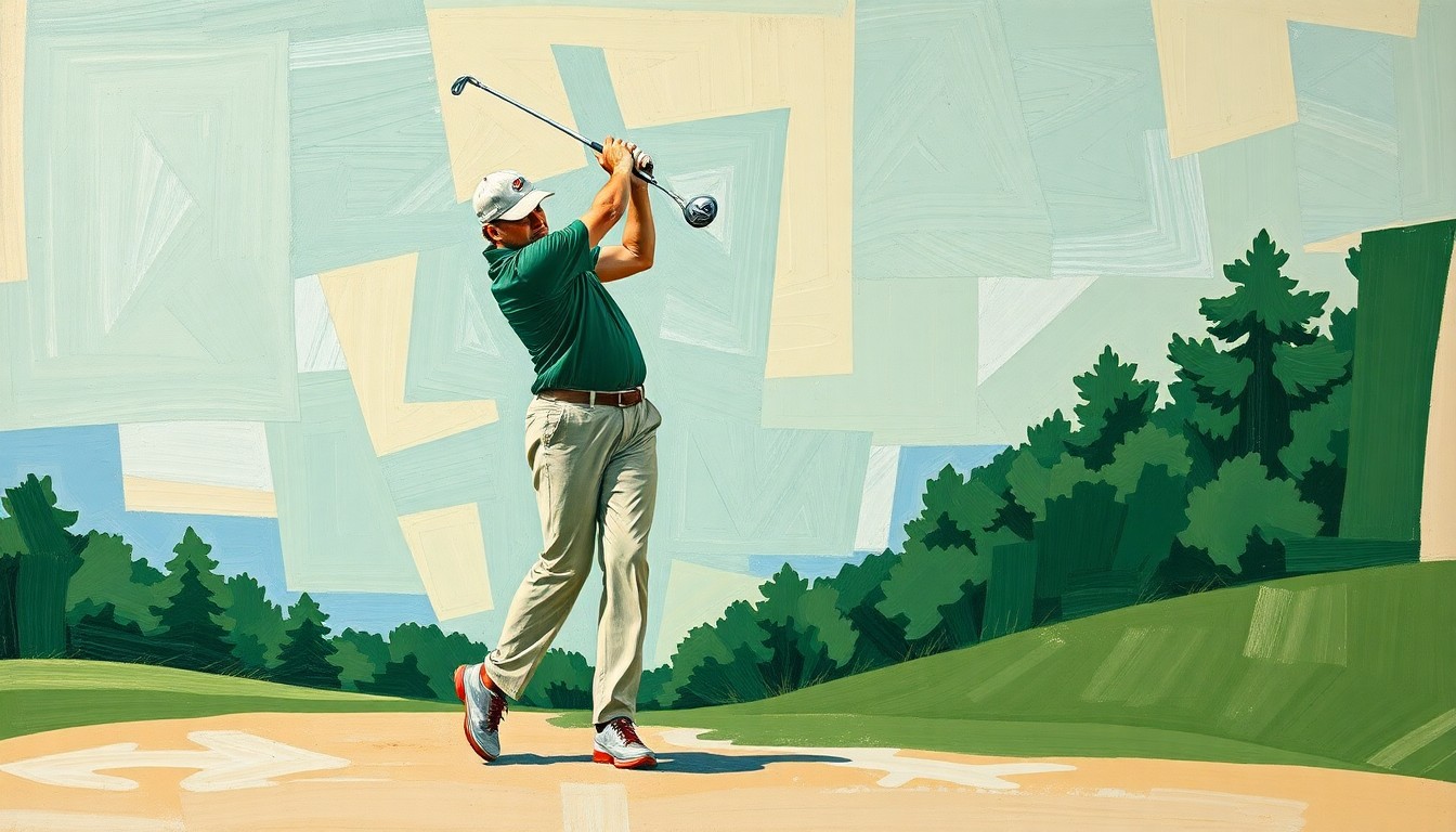 A cubist-style painting depicting a golfer's swing broken down into intersecting geometric shapes and planes in shades of green, blue, and tan, conceptually representing the analytical and deconstructed nature of the sport.