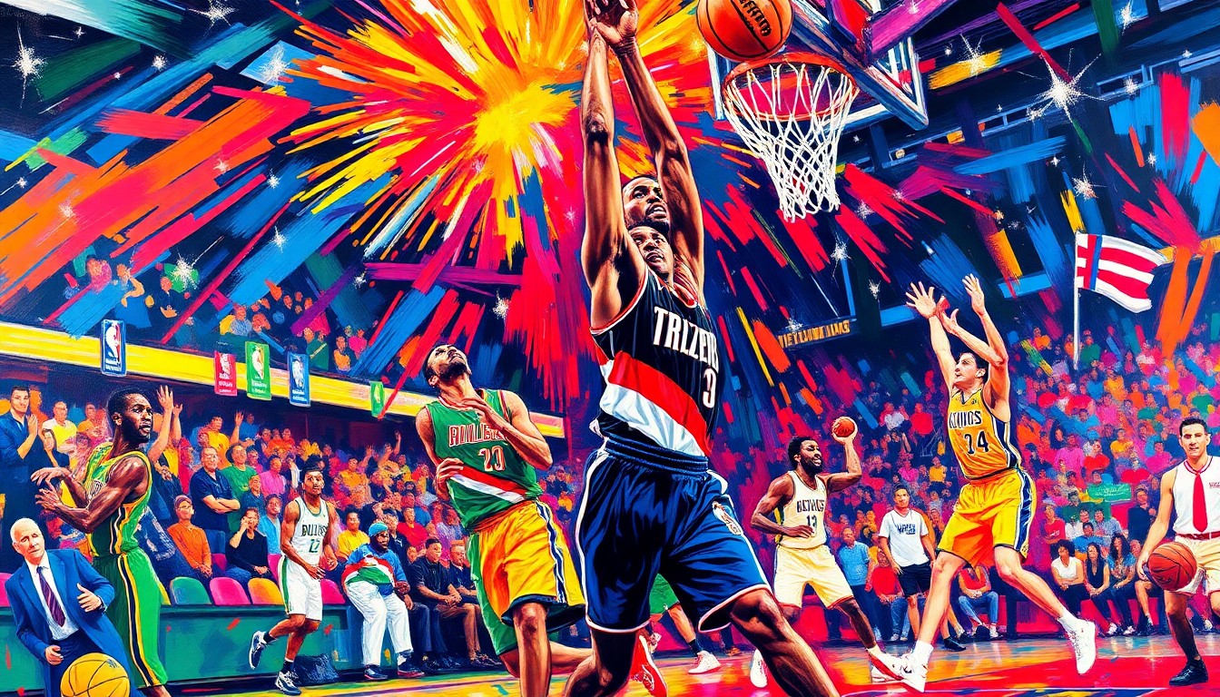 A vibrant, expressionist painting depicting the fast-paced action and energy of a basketball game, with players' movements and the ball rendered in a blur of neon colors and energetic brushstrokes.