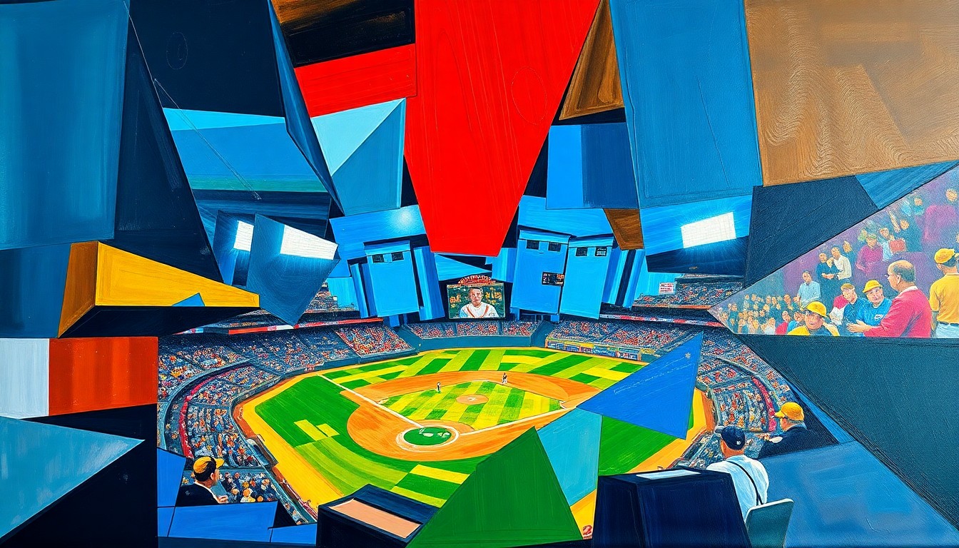 A fragmented, cubist-style painting depicting a baseball game or match, with sharp geometric shapes and planes in vibrant colors like deep blues, reds, and yellows, conceptually representing the durability and commitment of a player who can consistently take the field every day.