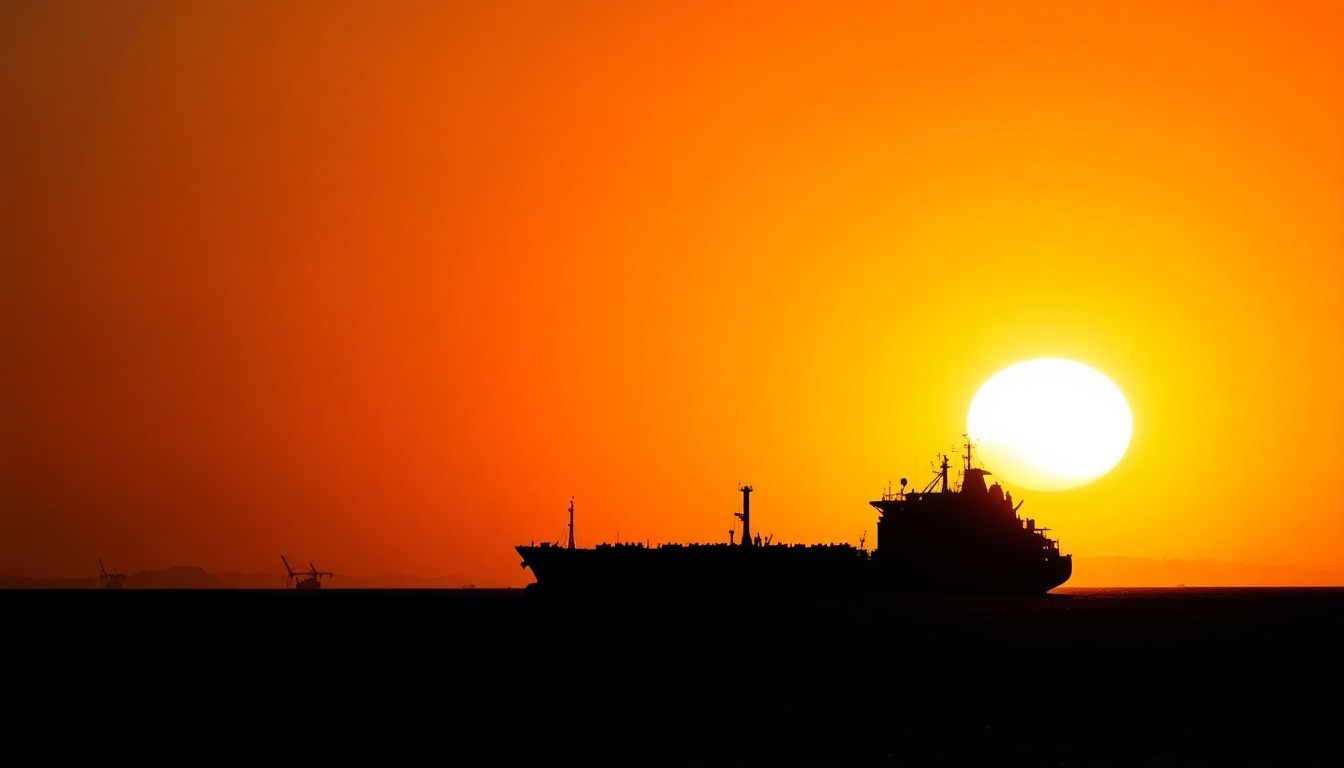 A cinematic painting of a solitary oil tanker ship silhouetted against a warm, hazy sunset sky, with the distant outline of the Strait of Hormuz coastline in the background, evoking a sense of tension and uncertainty.