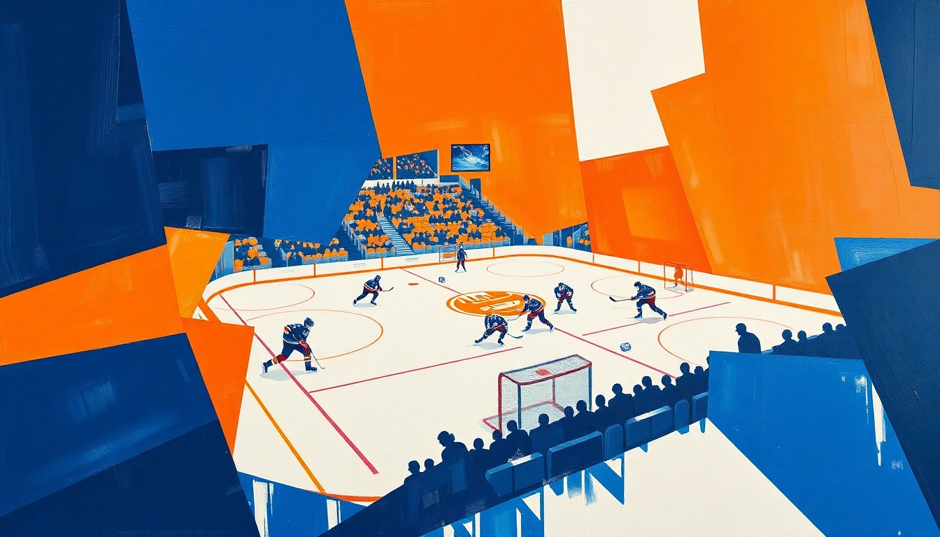 A fragmented, geometric painting depicting an Islanders hockey game, with the players and action broken down into sharp, overlapping planes of color, capturing the energy and movement of the sport in an abstract, conceptual way.