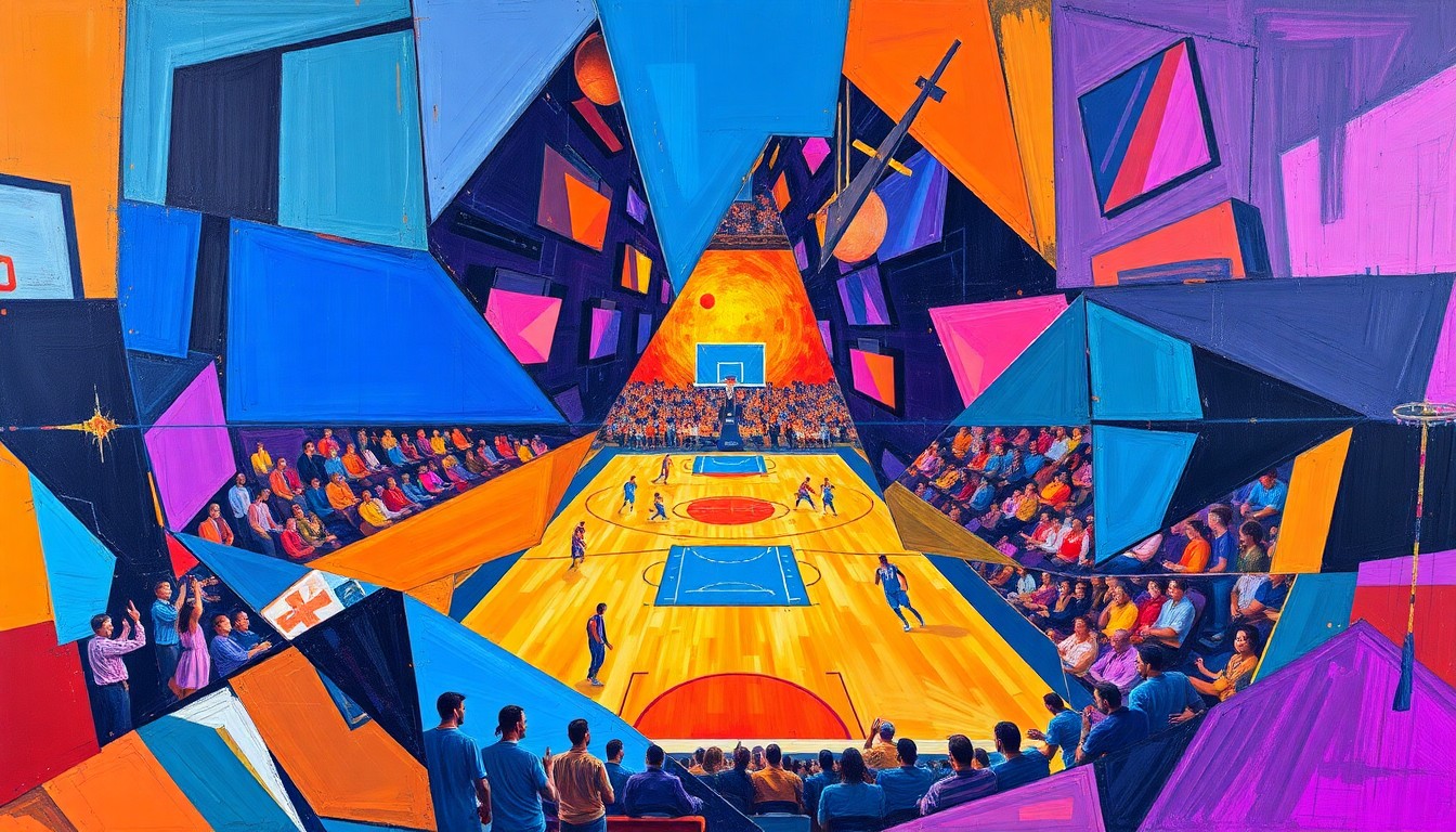 A fragmented, geometric painting in bold, clashing colors depicts the action and movement of a basketball game from multiple perspectives, creating a visually striking and conceptual representation of the sport.