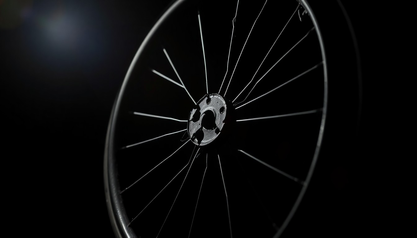 An extreme close-up photograph of a cracked and damaged wheelchair wheel, the harsh lighting and stark black background creating a gritty, investigative aesthetic that conceptually represents the tragedy of a pedestrian accident.