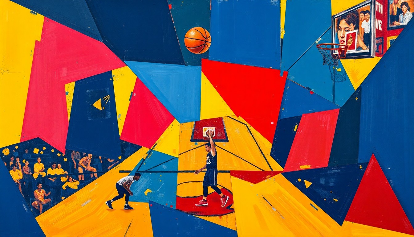 A dynamic, cubist-inspired painting depicting the energy and excitement of a basketball game, with players and spectators rendered in a fragmented, geometric style using bold, contrasting colors.