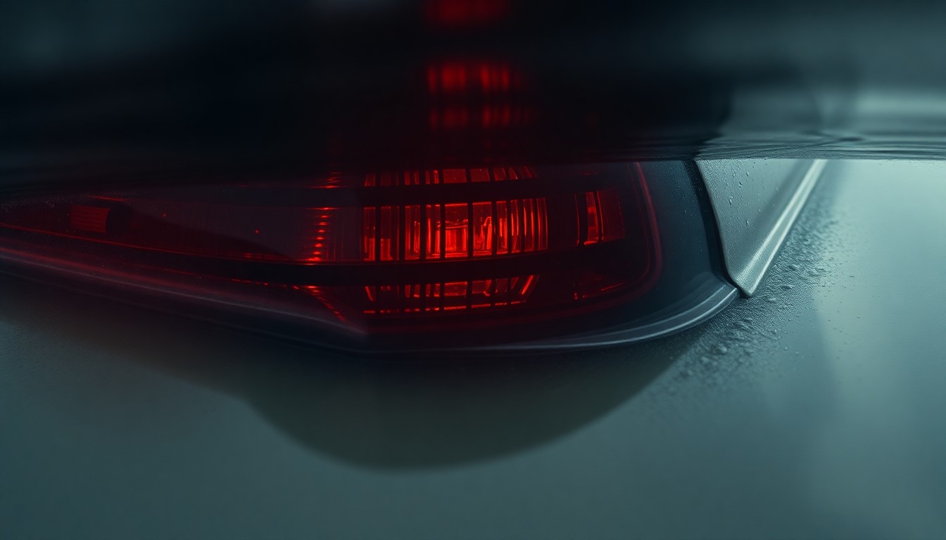 An extreme close-up photograph of a partially submerged car taillight lens, reflecting a faint red glow through the murky water, conceptually illustrating the tragic incident.